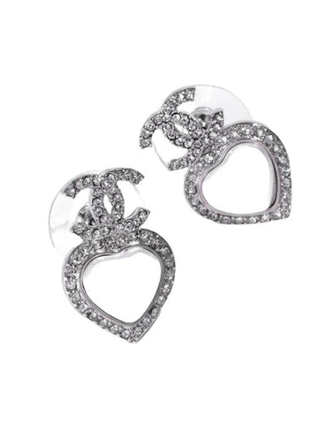 CC Logo Heart Pearl Earrings Silver Chanel