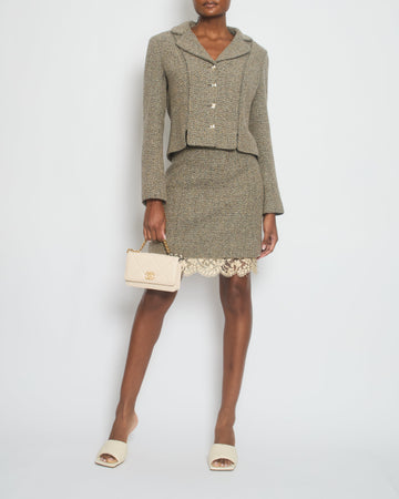 Top Quality Chanel 03/A Cream, Brown Check Tweed Jacket with Matching Skirt Set Lace Trim Size FR 44 (UK 16)