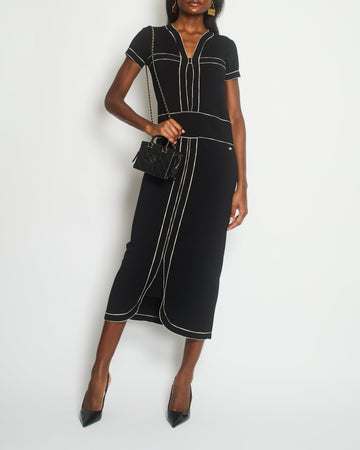 Top Quality Chanel Black Short-Sleeve Knitted Maxi Dress with White Detail Size FR 36 (UK 8)