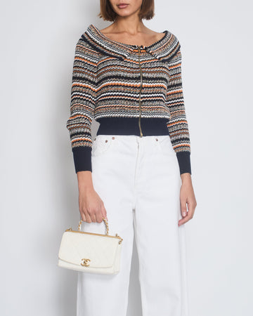 Top Quality Chanel Orange, White & Navy Tweed Zip Up igan FR 36 (UK 8)