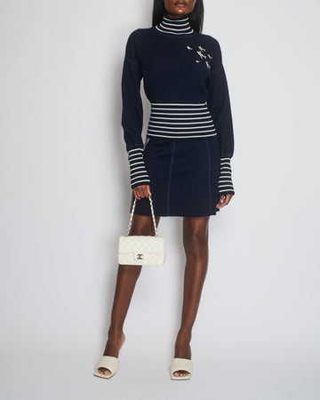 *HOT* Top Quality Chanel Airline Collection Navy Cashmere Jumper and Mini Skirt Set with Silver Logo Airplane Appliqu?©s Size FR 38 (UK 10)