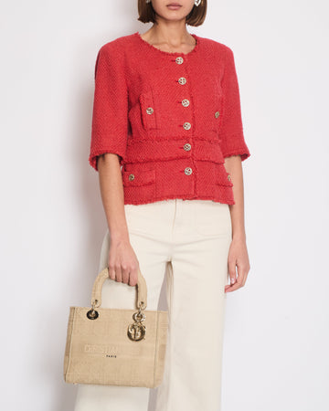 Top Quality Chanel Coral Red Tweed Mid-Sleeve Jacket with Bird-Detailed Gold CC Logo Buttons Size FR 40 (UK 12)