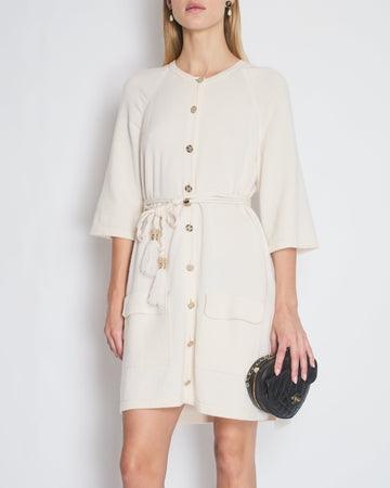 Top Quality Chanel Cream Long Line Round Neck igan with Belt and Pocket Detail Size FR 46 (UK 18)