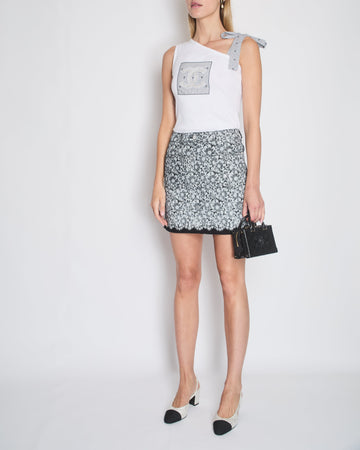 *CURRENT SEASON* Top Quality Chanel 24P Black & White Denim Floral Print CC Mini Skirt Size FR 36 (UK 8) RRP ¬£2570