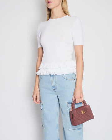 Top Quality Chanel White Short Sleeve Knit Top with Pleated Frilled Hem with Crystal CC Logo Detail Size FR 34 (UK 6)