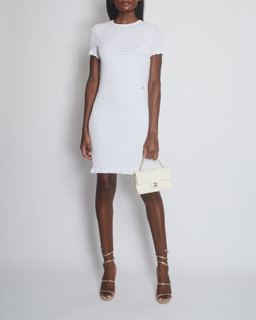 Top Quality Chanel White Short Sleeve Knit Mini Dress with Crystal CC Logo Detail Size FR 36 (UK 8)