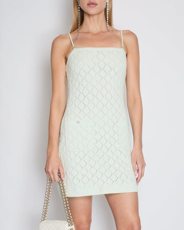 Top Quality Chanel 23S Mint Green Sleeveless Quilted Knit Dress with Crystal CC Strap & Button Detail Size FR 38 (UK 10)