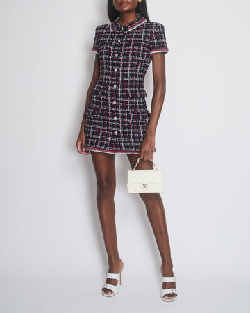 Top Quality Chanel 20S Navy & Red Tweed Short Sleeve Mini Dress With Silver Button Detail Size FR 34 (UK 6)