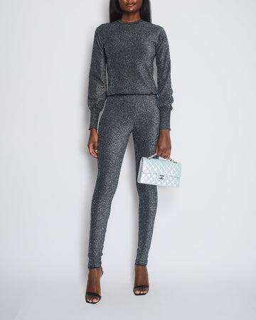 Top Quality Chanel Silver Metallic Long-Sleeve Top and Leggings Set Size FR 34/36 (UK 6/8)