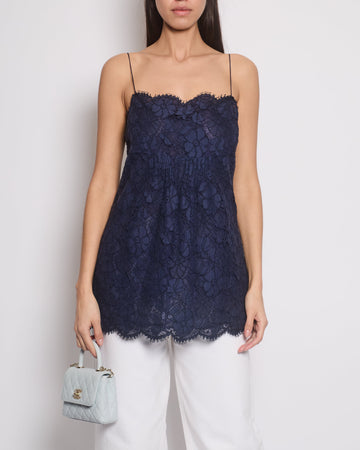 Top Quality Chanel Blue Floral Lace Caraco Top with Back Blue CC Logo Buttons Detailing Size FR 40 (UK 12)