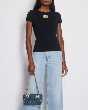 Top Quality Chanel Black Embellished Logo Short Sleeve T-Shirt Size 36 (UK 8)