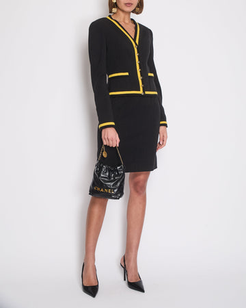 *HOT* Top Quality Chanel 1994   Black and Yellow Wool Jacket & Midi Skirt Set with CC Logo Button Details Size FR 40 (UK 12)