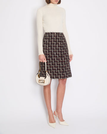 Top Quality Chanel Red, Black and Gold Checked Tweed Skirt with a Black CC Crystal Logo Detail Size FR 44 (UK 16)
