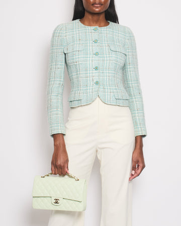 Top Quality Chanel 1997   Baby Blue, Brown and White Tweed Jacket with CC Button Details Size FR 34 (UK 6)