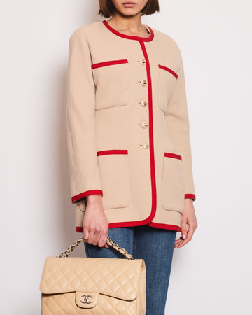 Top Quality Chanel   Wool Beige and Red Jacket with Gold CC Button Details Size FR 38 (UK 10)