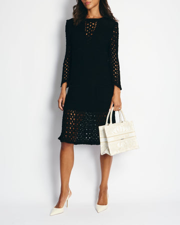 Top Quality Chanel Black Crochet Long Sleeve Dress with Pearl Button Back Detail Size FR 38 (UK 10)