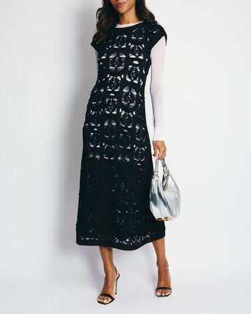 Top Quality Chanel Black Crochet Short Sleeve Midi Dress with White Long-Sleeve Under-Layer Set Size FR 34 (UK 6)