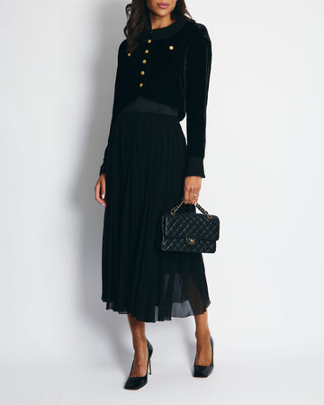 Top Quality Chanel   Black Pleated Mesh Skirt and Velvet Jacket Set Size FR 38 (UK 10)