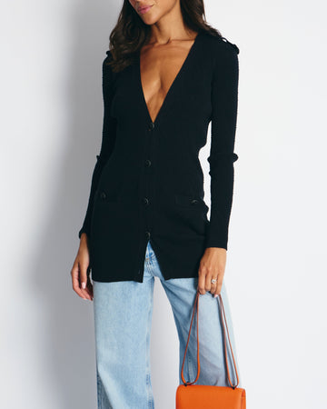 Top Quality Chanel 16P Black Ribbed igan with Shoulder Button Detail FR 34 (UK 6) RRP ¬£2,450
