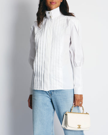 Top Quality Chanel White Cotton High Neck Pleated Shirt Size FR34 (UK6) RRP ¬£3,720