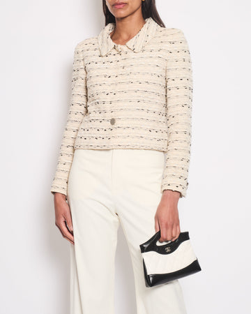 Top Quality Chanel 99C Cream, White & Black Tweed Jacket With Metallic Silver Buttons Detail Size FR 36 (UK 8)