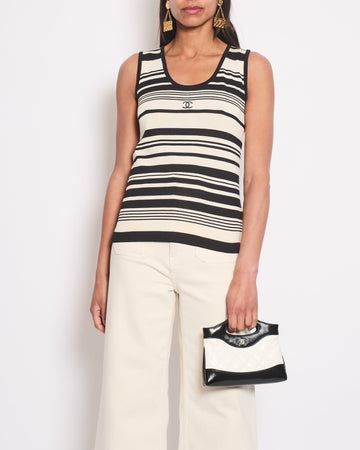 Top Quality Chanel Black & Cream Striped Sleeveless Top with CC Detail FR 36 (UK 8)