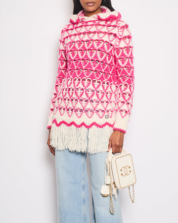*HOT* Top Quality Chanel Pink & Cream Knitted Hooded Jumper with Fringes Detail Size FR 36 (UK 8)