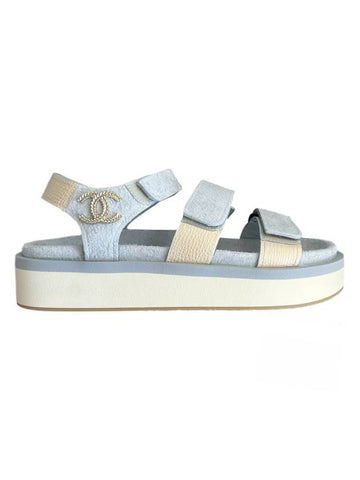 CC Logo Suede Velcro Sandals Blue Chanel