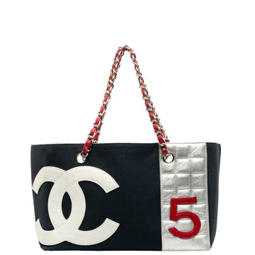 Top Quality Chanel No.5 Chain Tote Bag Navy Multicolor Canvas Leather Women's