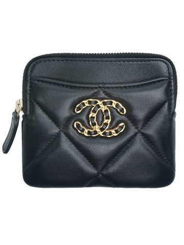 Nineteen Gold CC Logo Lambskin Zipper Card Wallet Black Chanel