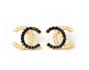 Top Quality Chanel Earrings CC Mark Pearl Motif Rhinestone Black/Gold