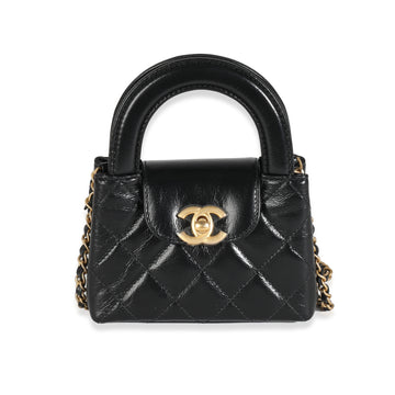 Top Quality Chanel 24P Black Quilted Shiny Aged Calfskin Mini Nano Kelly Shopper