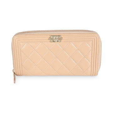 Top Quality Chanel Beige Quilted Lambskin Zip Around Boy Wallet