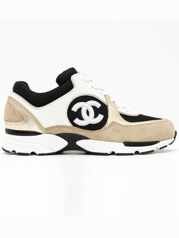 CC Logo Calfskin Fabric Low-Top Sneakers Beige Gold Chanel