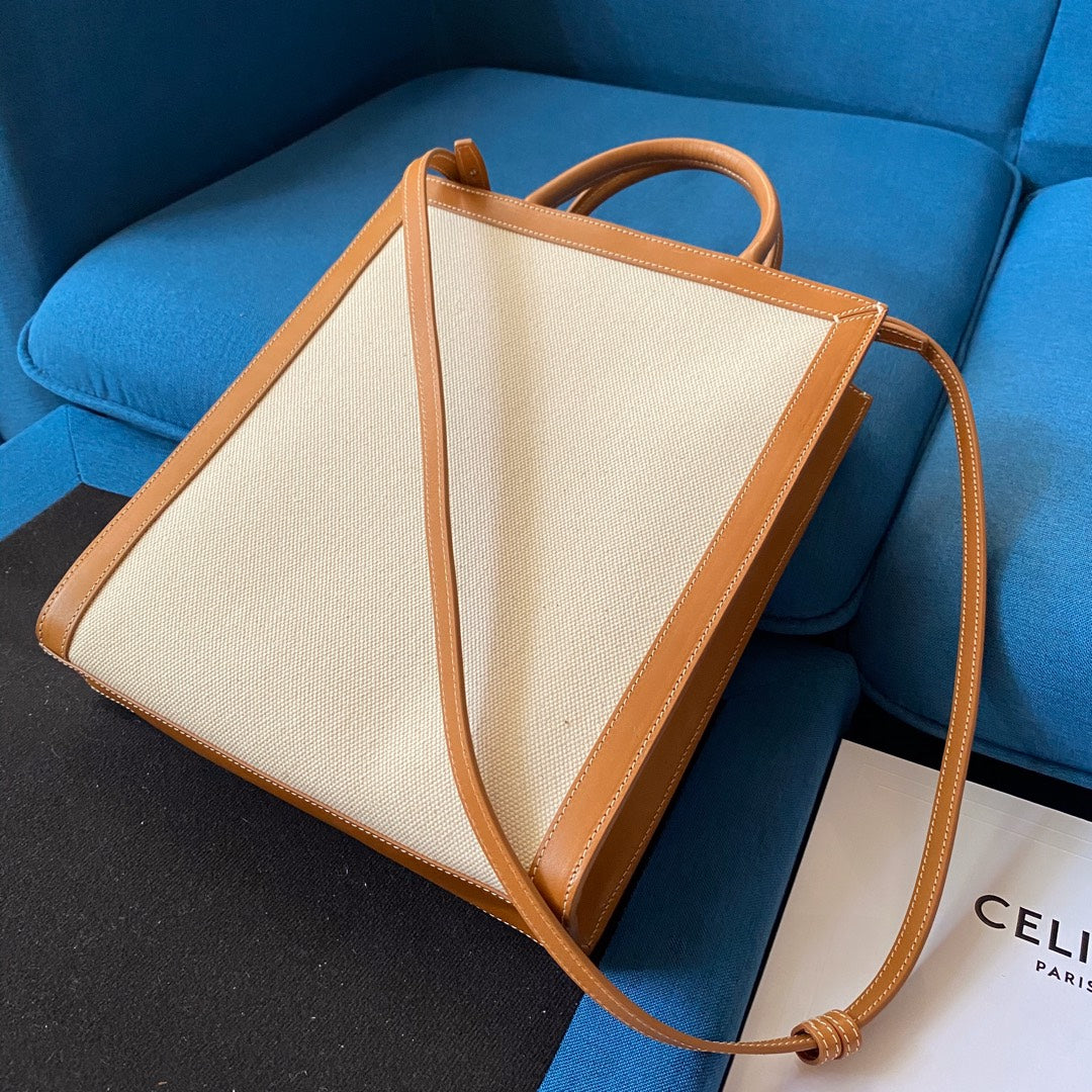 VERTICAL TOTE BAG 33 WHITE BROWN CANVAS AND CALFSKIN Luxe Carry Bags