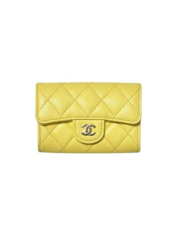 Classic Gold Logo Grained Shiny Calfskin Card Wallet Yellow Chanel