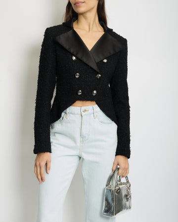 *HOT* Top Quality Chanel 19K Black Metallic Tweed Cropped Blazer with Satin Collar and Snowflake Buttons Details&nbsp; Size FR 38 (UK 10) RRP ¬£5,800