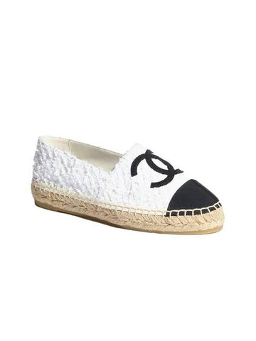 CC Logo Cotton Tweed Grosgrain Espadrilles Black White Chanel