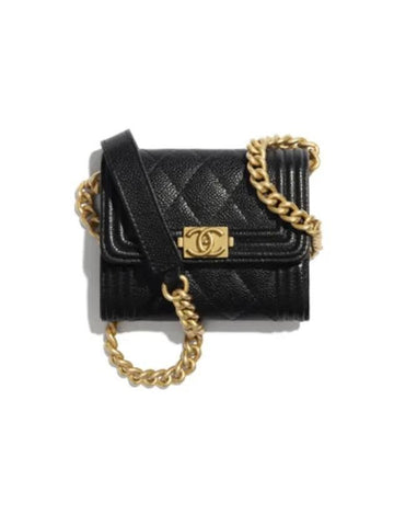 Boy Gold Logo Chain Caviar Card Wallet Black Chanel