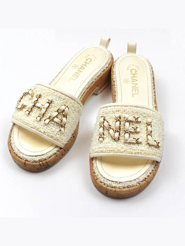 Tweed Chain Logo Slides Women s Mule Slippers Ivory 36 5 Size G34826 Chanel