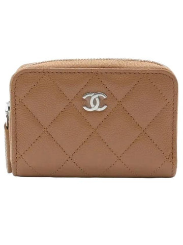 Silver Logo Zipper Caviar Card Wallet Camel Chanel