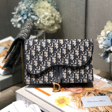 CD Saddle Pouch With Chain Blue Obique Embroidery Luxe Carry