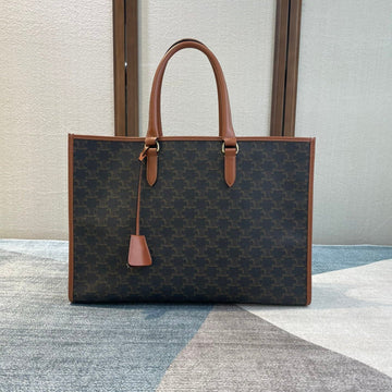 CELINE 25S HORIZONTAL CABAS 43MM IN BLACK TRIOMPHE CANVAS AND TAN BROWN CALFSKIN Luxe Carry