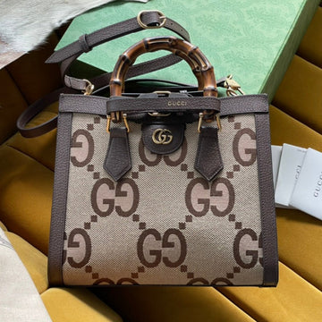 GG DIANA 27 MINI TOTE BAG IN BEIGE CANVAS AND BROWN CALFSKIN Luxe Carry
