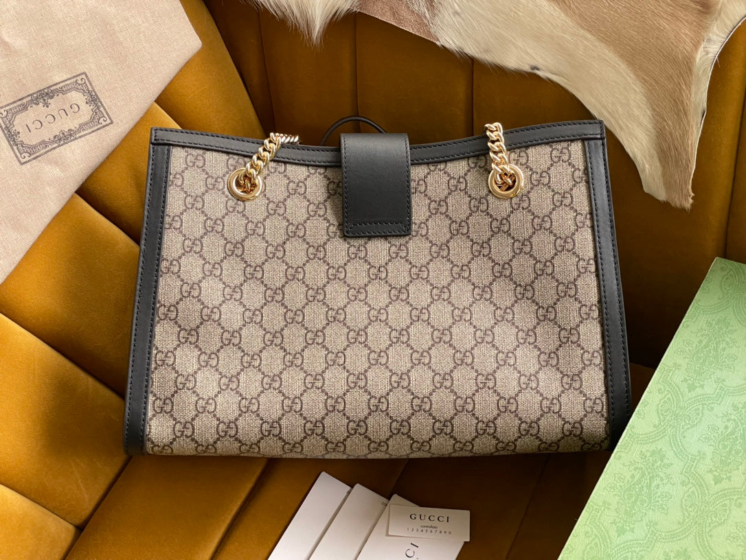 GG PADLOCK LARGE 35 SHOULDER BAG BEIGE CANVAS AND BLACK CALFSKIN Luxe Carry