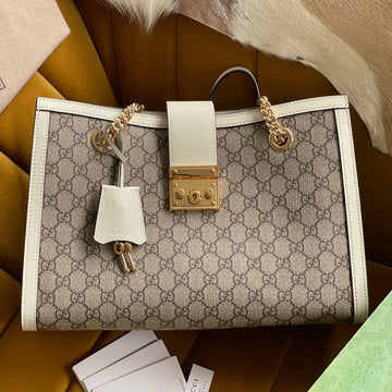 GG PADLOCK LARGE 35 SHOULDER BAG BEIGE CANVAS AND WHITE CALFSKIN Luxe Carry