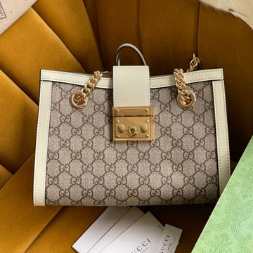 GG PADLOCK MEDIUM 26 SHOULDER BAG BEIGE CANVAS AND WHITE CALFSKIN by Luxe Carry