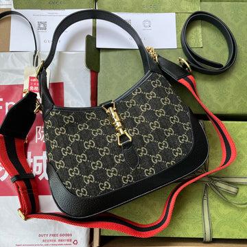 JACKIE 1961 SHOULDER BAG 28 IN BLACK YELLOW DENIM AND BLACK CALFSKIN TRIM GOLD HARDWARE Luxe Carry Bags