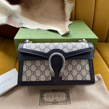 DYONYSUS SHOULDER BAG 25 IN BEIGE JACQUARD FABRIC AND BLACK CALFSKIN TRIM SILVER HARDWARE Luxe Carry