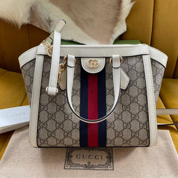 GG OPHIDIA 24 TOTE IN BEIGE CANVAS AND WHITE CALFSKIN Luxe Carry